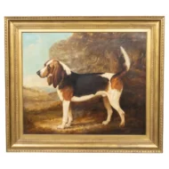 English Oil on Canvas Painting Depicting a Bloodhound Dog, Signed and Dated