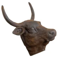 English 1930s 1940s Cast Iron Bull Wall Hanging Sculpture with Rusty Patina