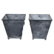 Pair of Industrial Style Grey Metal Planters with Tapered Lines and Ring Pulls