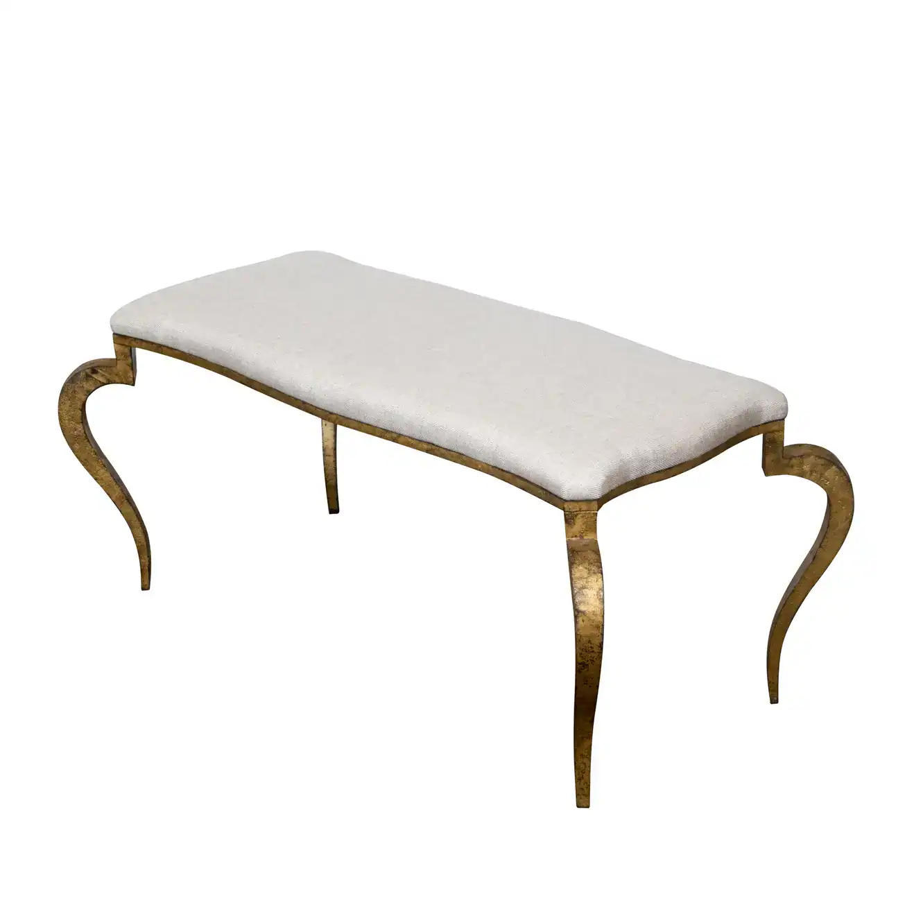 Art Deco French Gilt Iron Bench with Curving Legs and New Linen Upholstery