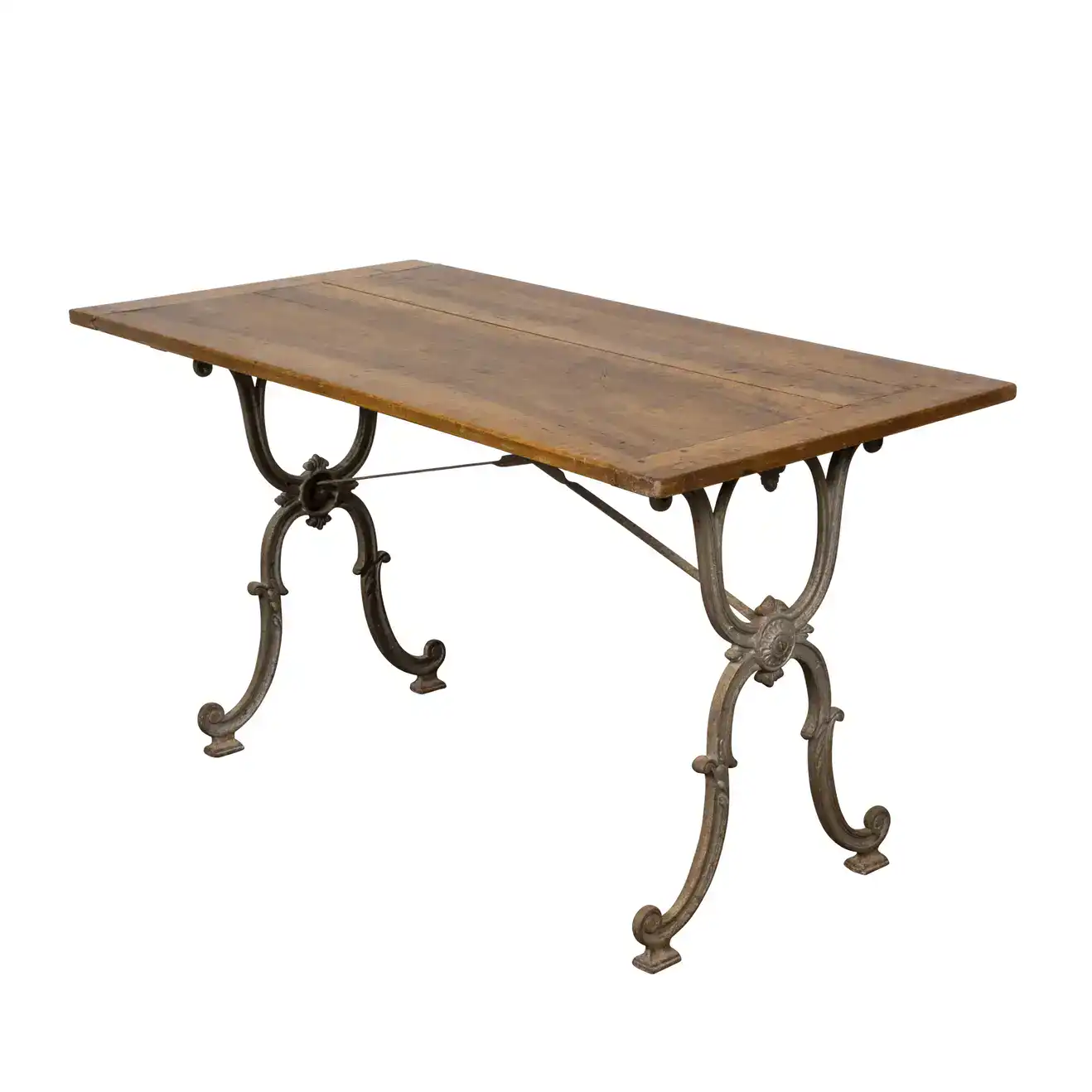 French 1900s Steel and Wood Console Table with Curving X-Form Legs and Stretcher