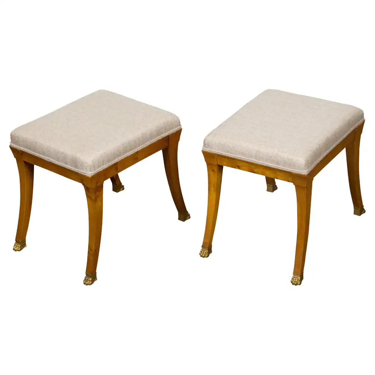 Pair of Biedermeier Period 19th Century Walnut Stools with Carved Gilt Lion Paws