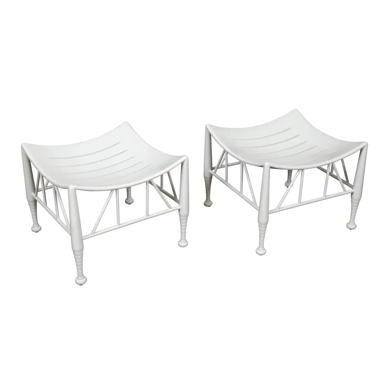 Pair of Vintage English Egyptian Revival White Thebes Stools with Curving Seats