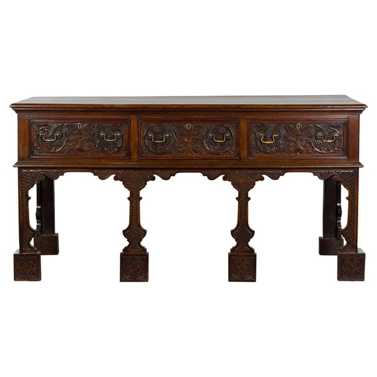 English 19th Century Oak Sideboard with Three Low-Relief Carved Drawers