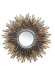 French Giltwood Midcentury Two-Layer Sunburst Mirror with Polychrome Accents