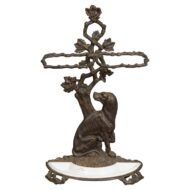 English Iron Umbrella Stand with Dog and Tree Motif and White Receptacle