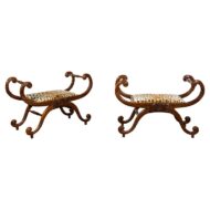 Pair of English Regency Carved Mahogany 19th Century Stools with Scrolling Arms