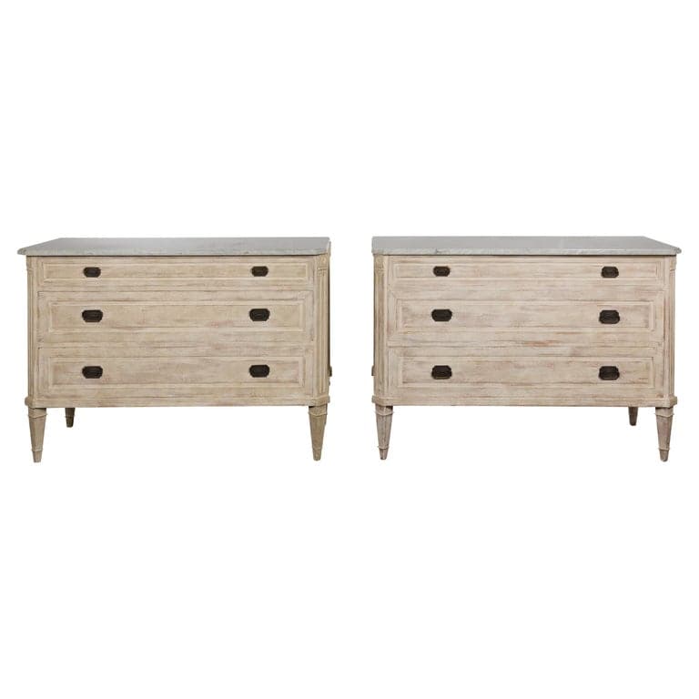 Pair of French Neoclassical Style 1930s Painted Chests with Marble Tops