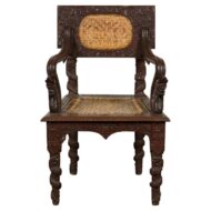 Anglo-Indian 1900 Armchair with Carved Back, Mythical Creatures and Woven Rattan