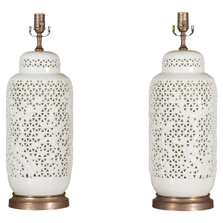 19th Century White Porcelain Vases with Floral Décor Made into Table Lamps, Pair