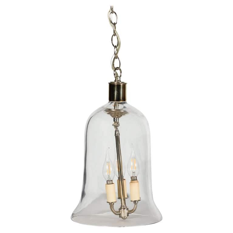 English Midcentury Nickel Light Fixture with Three Arms and Glass Bell