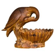 Italian Midcentury Carved Wooden Bowl with Crane and Leaf Motifs