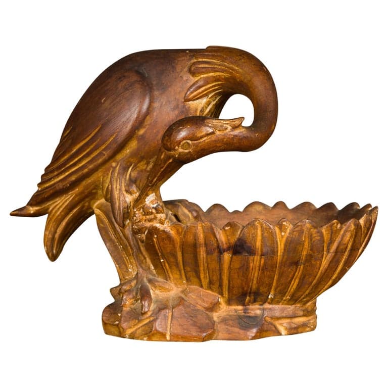 Italian Midcentury Carved Wooden Bowl with Crane and Leaf Motifs