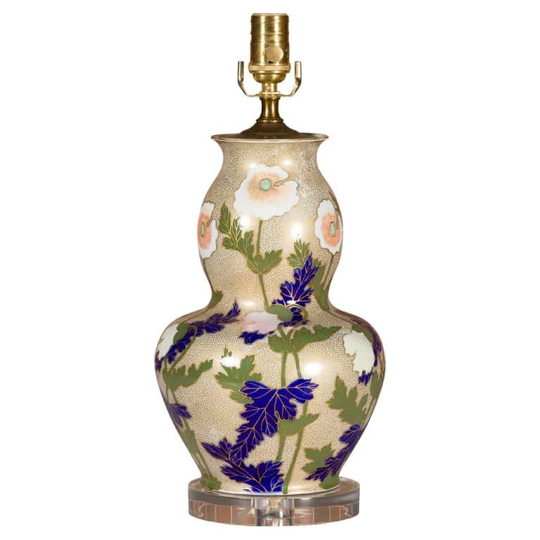 Midcentury French Porcelain Bulbous Table Lamp with Floral Décor on Lucite Base