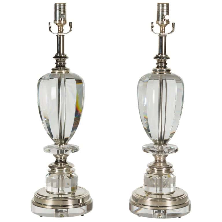 Pair of Midcentury French Crystal Single-Light Table Lamps on Lucite Bases