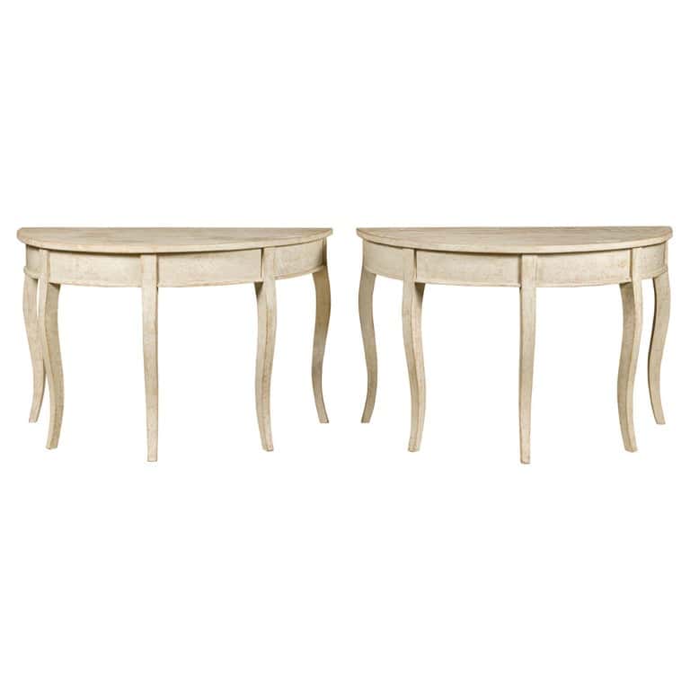Swedish 19th Century Painted Demilune Tables with Cabriole Legs, a Pair