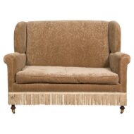 Vintage English Upholstered Loveseat with Out-Scrolling Arms and Casters