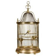 French Midcentury Brass Circular Birdcage with Decorative Bird
