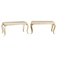 Midcentury French Gilt Metal Benches with Cabriole Legs and Upholstery, a Pair