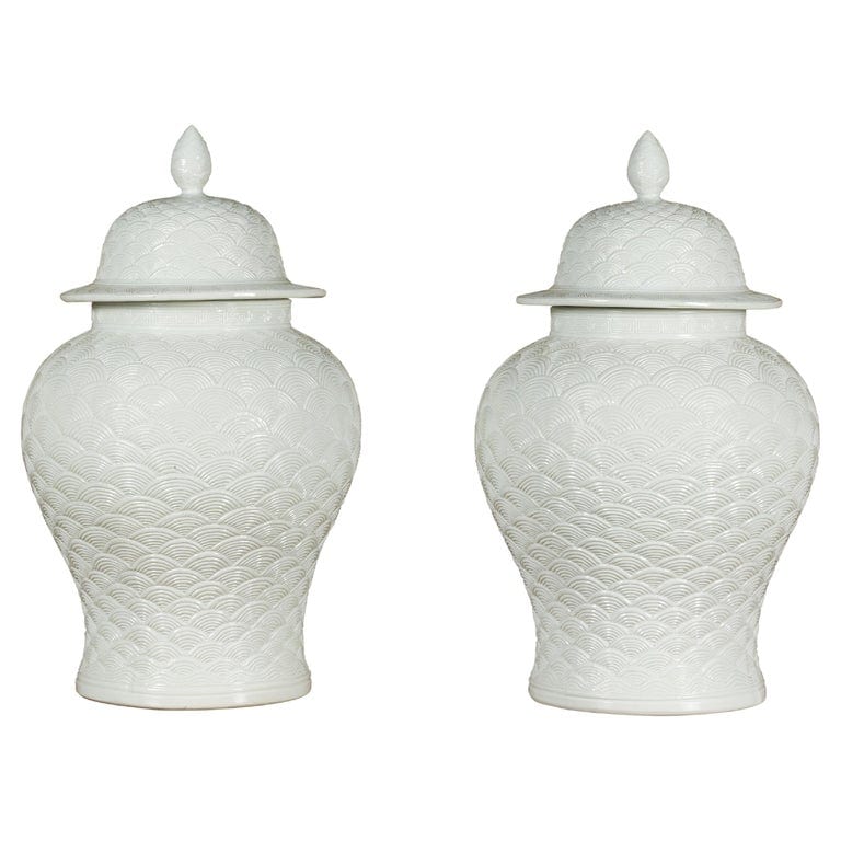 Pair of White Porcelain Fish Scale Lidded Jars with Petite Finials