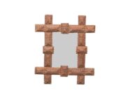 Petite Turn of the Century French Brown Tramp Art Mirror with Protruding Corners