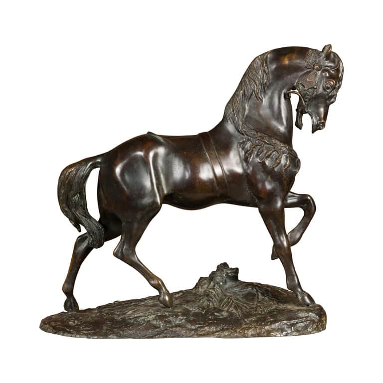 Antoine-Louis Barye Bronze Horse Sculpture with Left Foot Raised and Dark Patina
