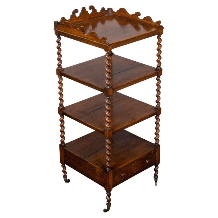 English 19th Century Walnut Barley Twist Tiered Shelf on Casters with Drawer