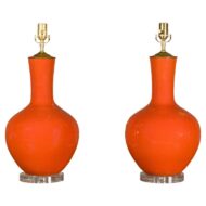 Pair of Burnt Orange Asian Porcelain Table Lamps on Lucite Bases, USA Wired
