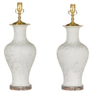 Pair of White Porcelain Vase Table Lamps on Lucite Bases with Textured Décor