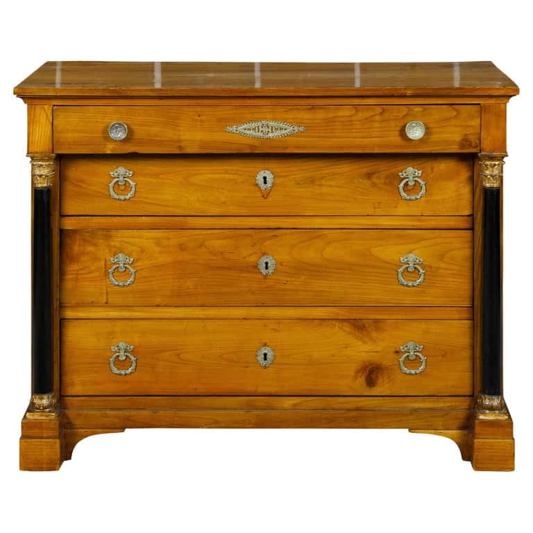 French Empire Fruitwood Four-Drawer Commode with Ebonized Corinthian Columns
