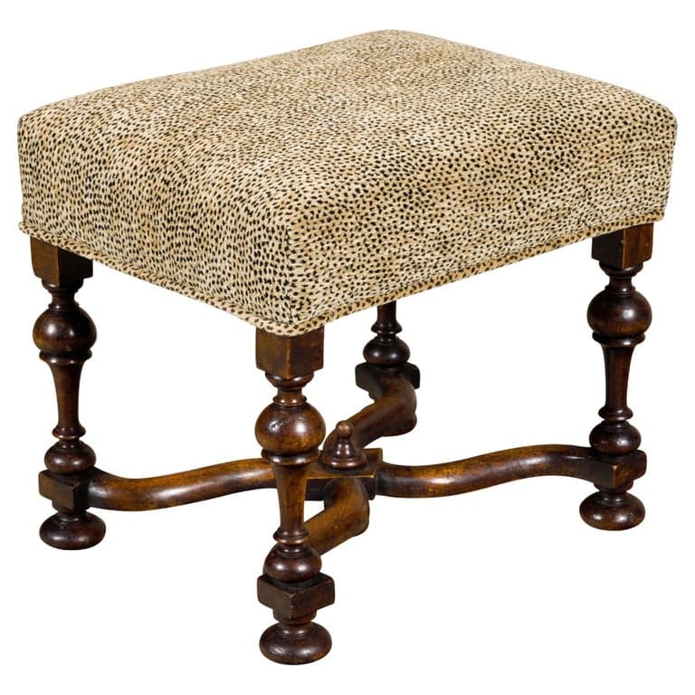 William and Mary Style English 1900s Stool with Turned Legs and X-Form Stretcher