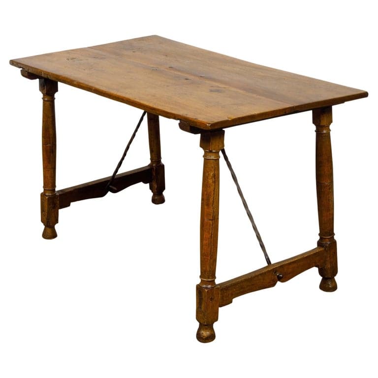 Italian 19th Century Walnut Console Table with Column Legs and Iron Stretchers