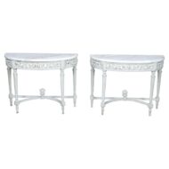 Pair of French Louis XVI Style Painted Demilune Console Tables with Marble Tops