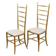 Pair of Midcentury Italian Gilt Wood High Back Side Chairs with Upholstery