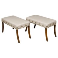 Pair of English Regency Mahogany Stools with Saber Legs and Custom Upholstery
