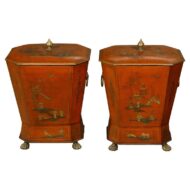 Pair of English Victorian 19th Century Red Lacquer Cellarettes with Chinoiseries