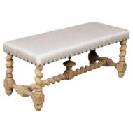 English Turn of the Century Bleached Wood Barley Twist Bench with Upholstery