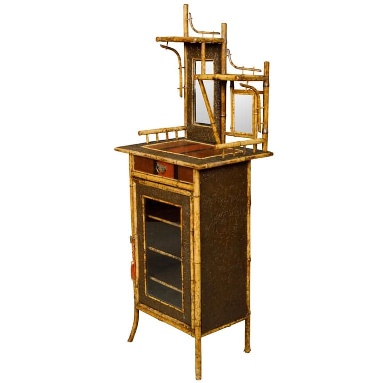 English 1880s Bamboo Small Cabinet with Painted Accents and Single Mirror