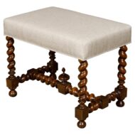 French 19th Century Barley Twist Stool with Finial and Custom Linen Upholstery