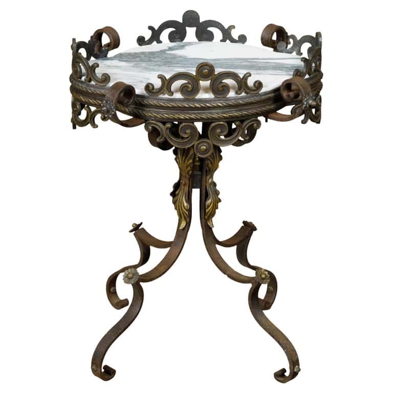 French Iron and Brass Guéridon Table with Quatrefoil Inspired Marble Top