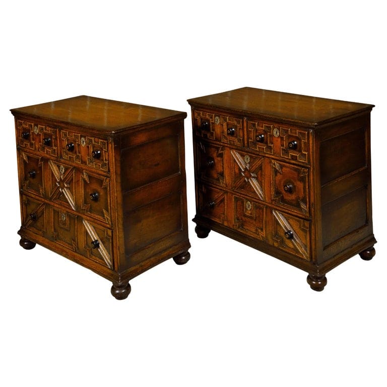 Pair of English 19th Century Oak Geometric Front Four-Drawer Carved Chests