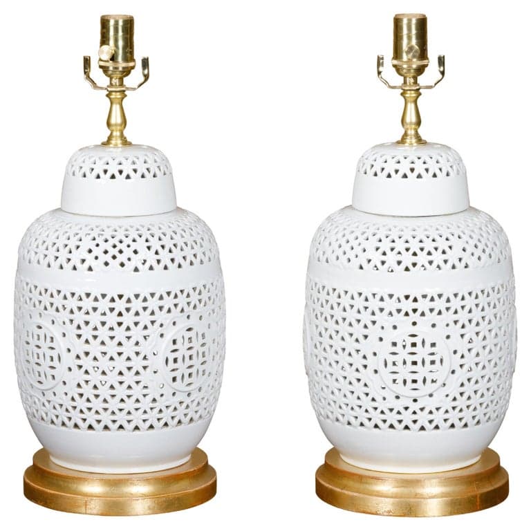 1920s White Porcelain Asian Vases with Geometric Décor Made into Table Lamps