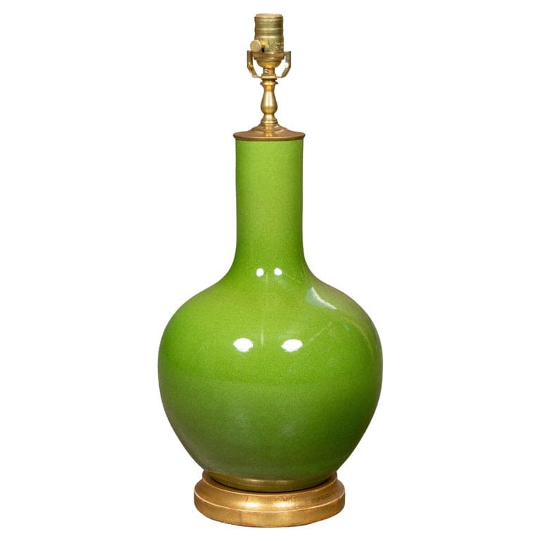 Apple Green Porcelain Vase Made into Table Lamp on Gilt Base, Wired for the USA