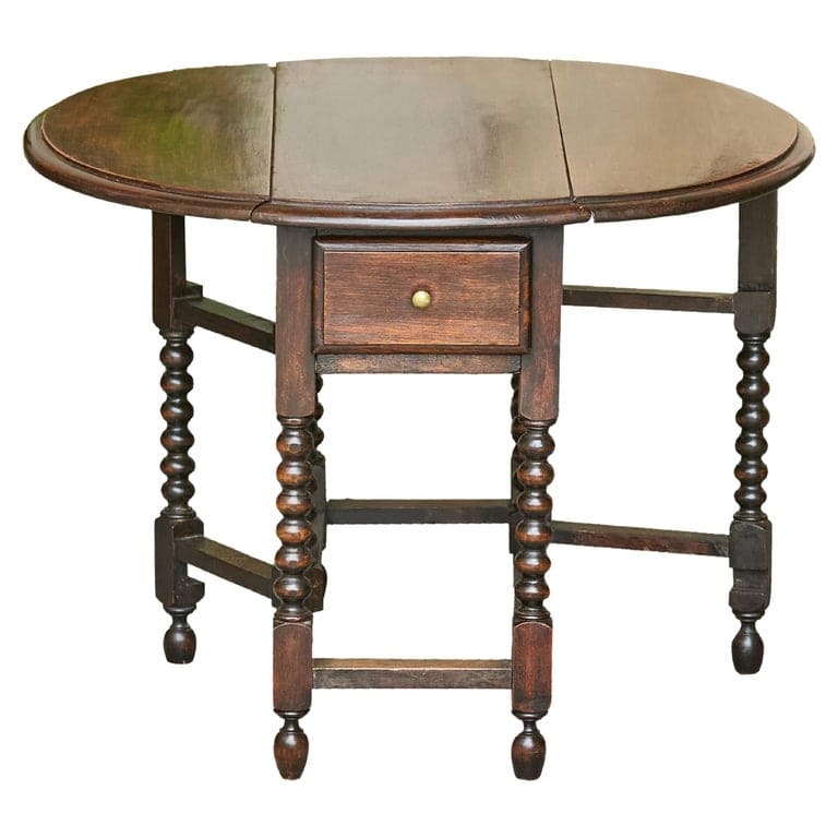 English 1920s Oak Drop Leaf Table with Spool Legs and Lateral Drawers