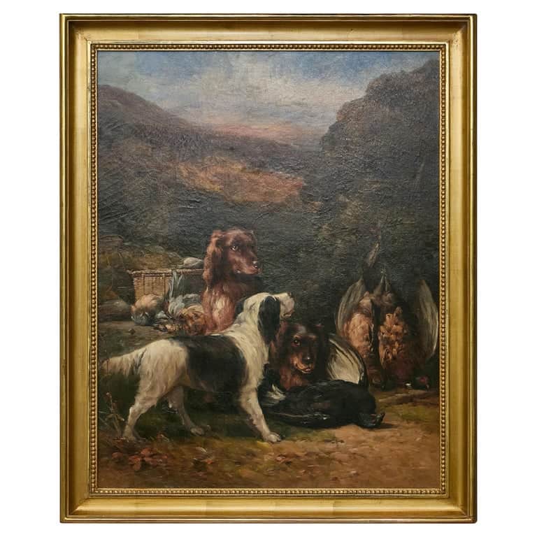 English Oil on Canvas Hunt Painting of Three Dogs and Their Catch in Frame
