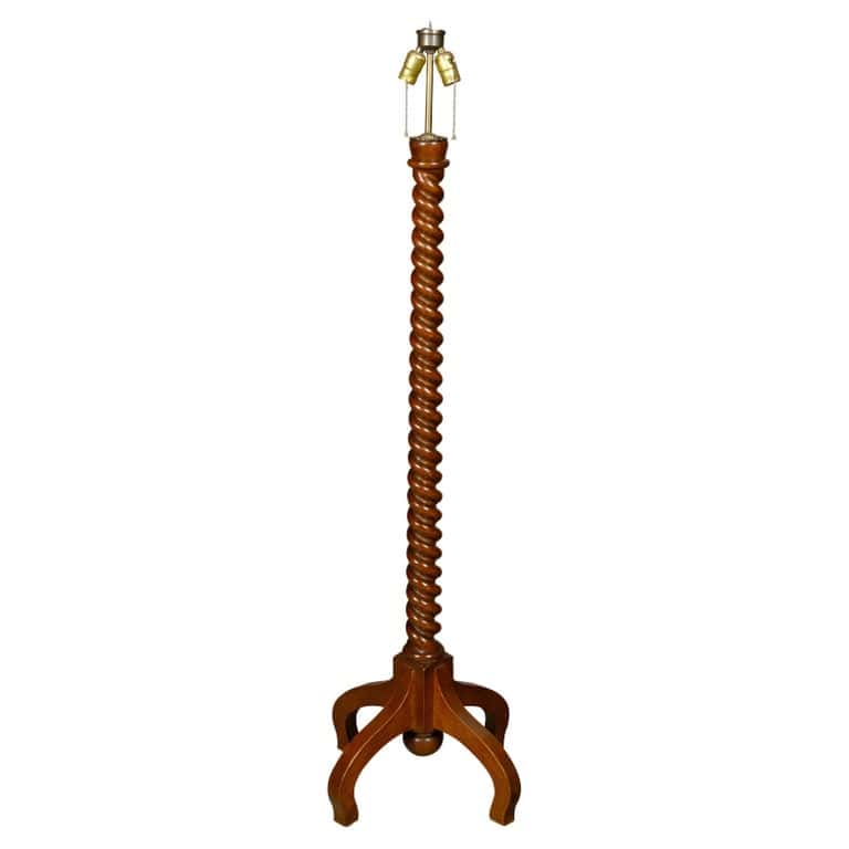 English Turn of the Century Oak Barley Twist Floor Lamp with Quadripod Base