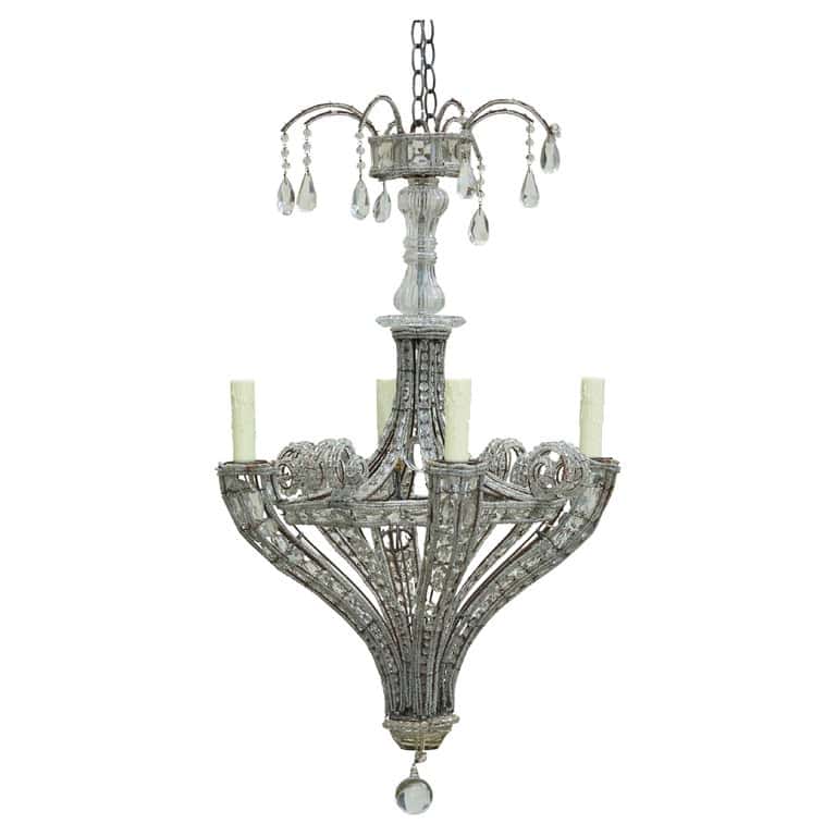 French 1920s Four-Light Chandelier with Faceted Crystals and Beaded Strands