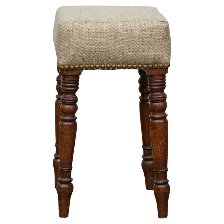 19th Century English Petite Oak Stool with Unique Top and Linen Upholstery