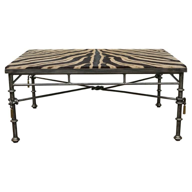 Eclectic Midcentury Zebra Hide Top Metal Coffee Table with Petite Gilt Tassels