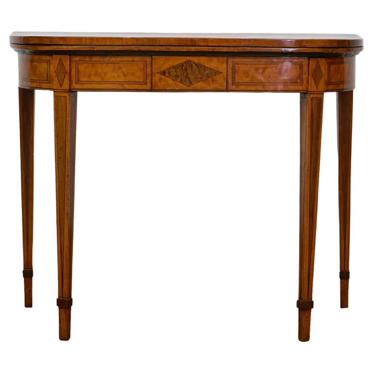 English 19th Century Neoclassical Demi-Lune Game Table with Inlaid Apron